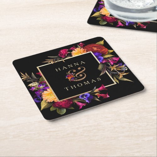 Dark Moody Autumn Floral Wedding  Square Paper Coaster