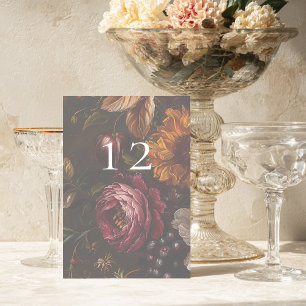 Dark Moody Baroque Florals Flowers Fall Wedding Table Number