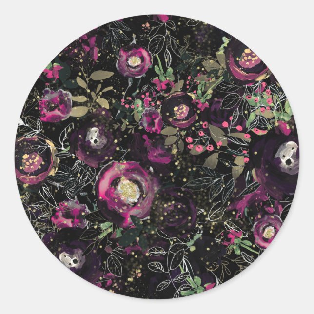 Dark Moody Berry Plum Sparkle Floral Modern Classic Round Sticker (Front)