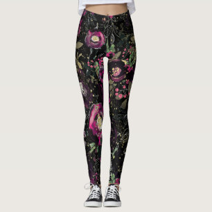 Dark Moody Berry Plum Sparkle Floral Modern Leggings