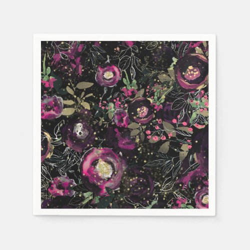 Dark Moody Berry Plum Sparkle Floral Modern Napkins