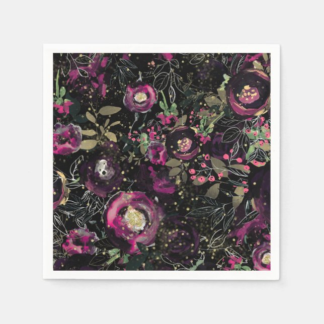 Dark Moody Berry Plum Sparkle Floral Modern Napkins (Front)