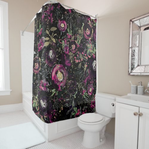Dark Moody Berry Plum Sparkle Floral Modern Shower Curtain
