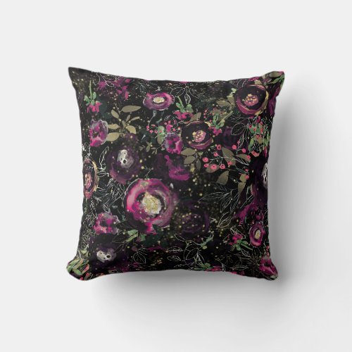 Dark Moody Berry Plum Sparkle Floral Modern Throw Pillow