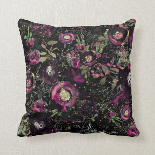Dark Moody Berry Plum Sparkle Floral Modern Throw Pillow