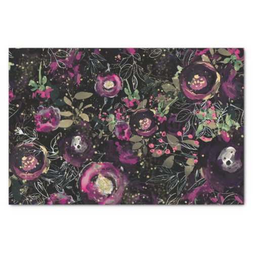 Dark Moody Berry Plum Sparkle Floral Modern Tissue Paper