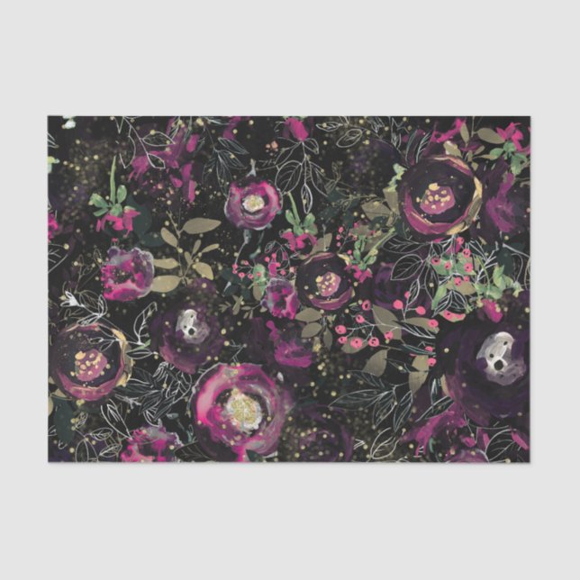 Dark Moody Berry Plum Sparkle Floral Modern Tissue Paper (Front)