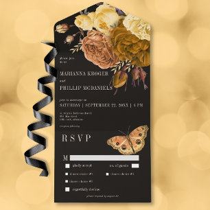 Dark Moody Black Autumn Floral Dinner All In One Invitation