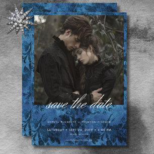 Dark Moody Black & Blue Damask Photo Wedding Save The Date