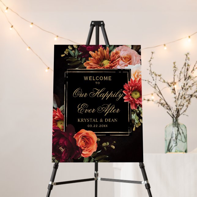 Dark Moody Black Burgundy Orange Floral Wedding Foam Board (In Situ (Stand))