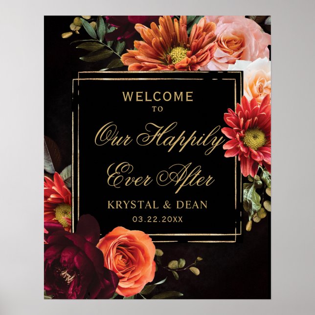 Dark Moody Black Burgundy Orange Floral Wedding Poster (Front)