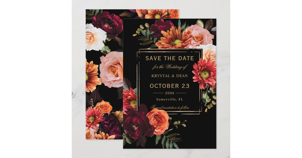 Dark Moody Black Burgundy Orange Floral Wedding Save The Date | Zazzle
