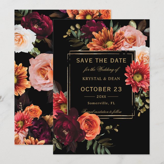 Dark Moody Black Burgundy Orange Floral Wedding Save The Date (Front/Back)
