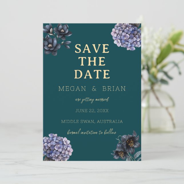 Dark Moody Black Floral Classic Typography Wedding Save The Date (Standing Front)