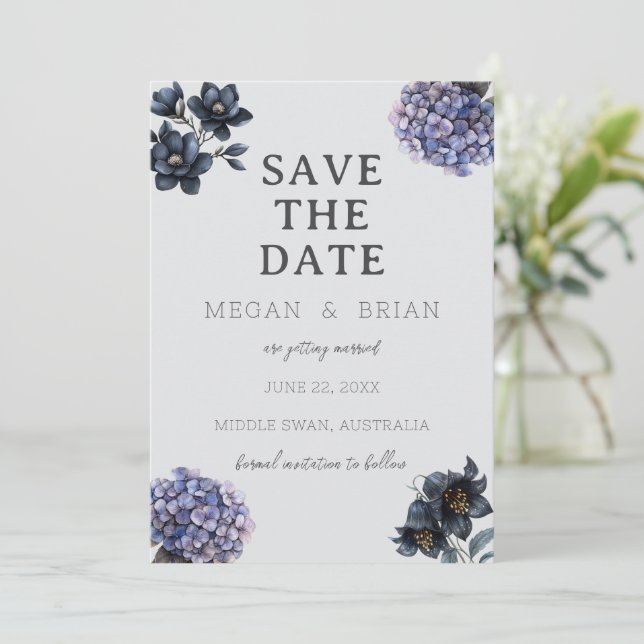 Dark Moody Black Floral Classic Typography Wedding Save The Date (Standing Front)