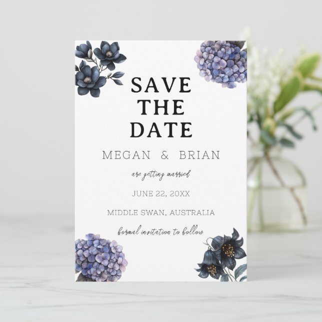 Dark Moody Black Floral Classic Typography Wedding Save The Date (Standing Front)