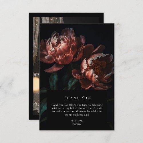 Dark Moody Black Gothic Floral Bridal Shower Photo Thank You Card