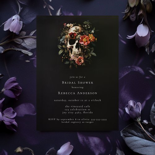 Dark Moody Black Gothic Floral Skull Bridal Shower Invitation