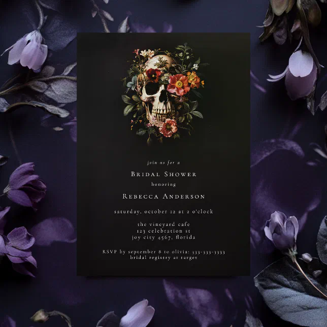 Dark Moody Black Gothic Floral Skull Bridal Shower Invitation | Zazzle
