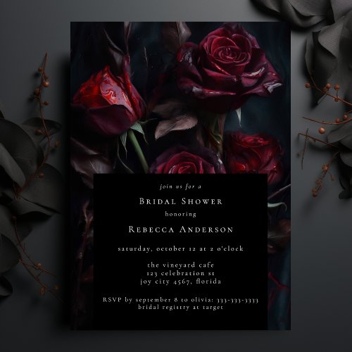 Dark Moody Black Gothic Red Roses Bridal Shower Invitation