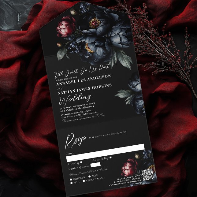 Dark Moody Black Peony Gothic Wedding QR Code All In One Invitation (Creator Uploaded)