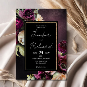 Dark Moody Bloom Dusty Purple Black Wedding Invitation