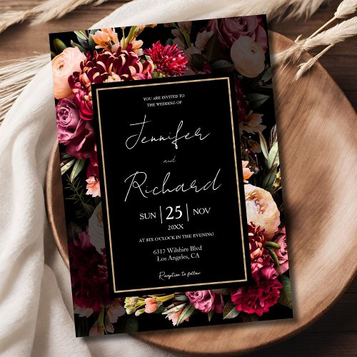 Dark Moody Bloom Dutch Masters Black Wedding Invitation