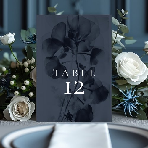 Dark Moody Blue Botanical Floral Wedding Table Number
