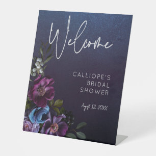 Dark Moody Blue Lavender Floral Bridal Shower Pedestal Sign