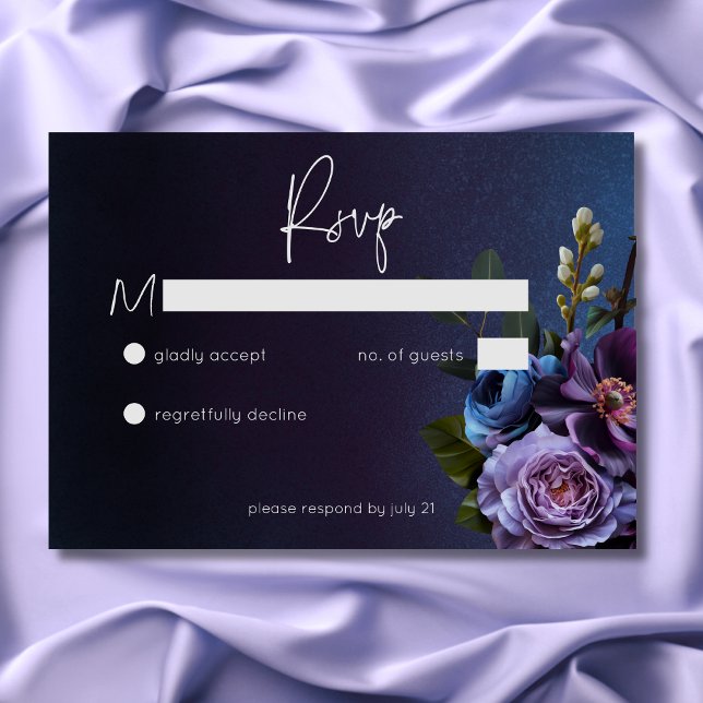 Dark Moody Blue Lavender Floral Modern Wedding RSVP Card (Dark Moody Blue Lavender Floral Modern Wedding RSVP Card)