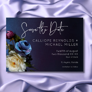 Dark Moody Blue Lavender Floral Modern Wedding Save The Date