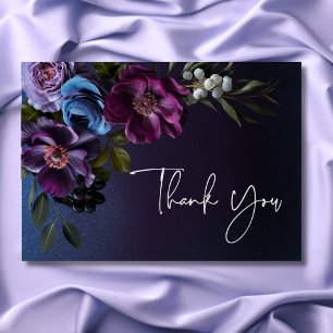 Dark Moody Blue Lavender Floral Modern Wedding Thank You Card