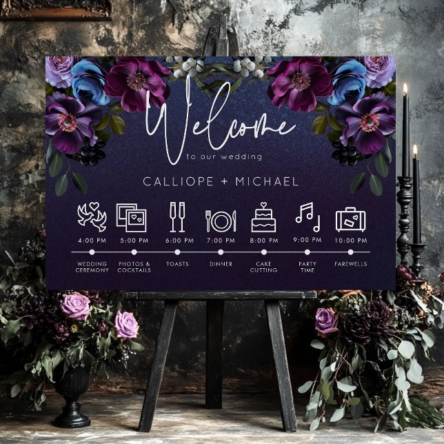 Dark Moody Blue Lavender Floral Order of Events Foam Board (Dark Moody Blue Lavender Floral Order of Events)