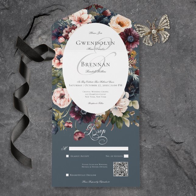 Dark Moody Blue Oval Floral Frame QR Code All In One Invitation (Dark Moody Blue Oval Floral Frame QR Code All In One Invitation)