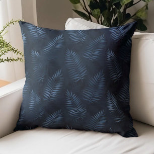 Dark Moody Blue Tropical Foliage Throw Pillow