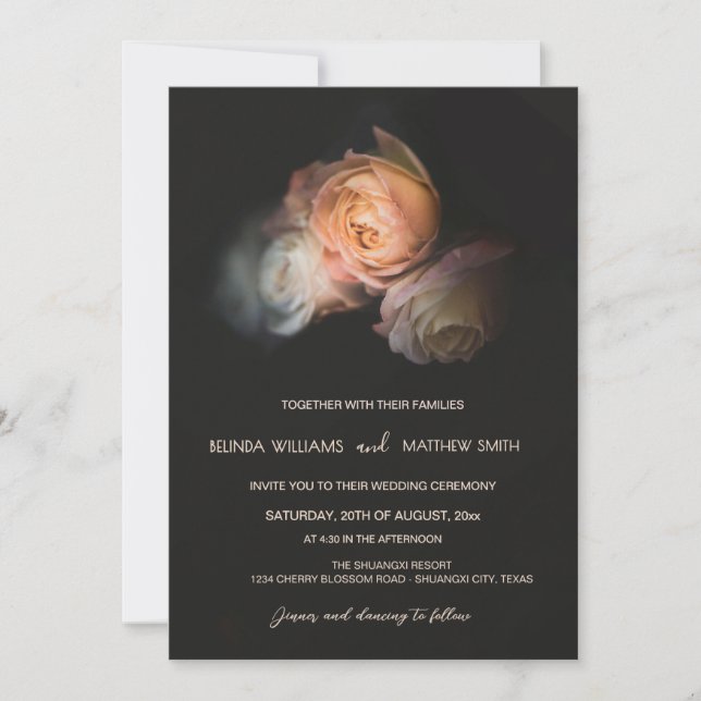 Dark Moody Blush 3D Flowers Wedding Invitation (Front)