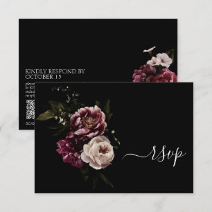 Dark Moody Blush Burgundy Floral QR Code RSVP Card