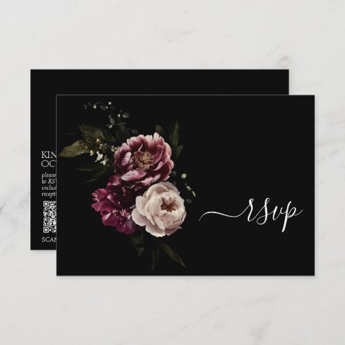 Dark Moody Blush Burgundy Floral QR Code RSVP Card