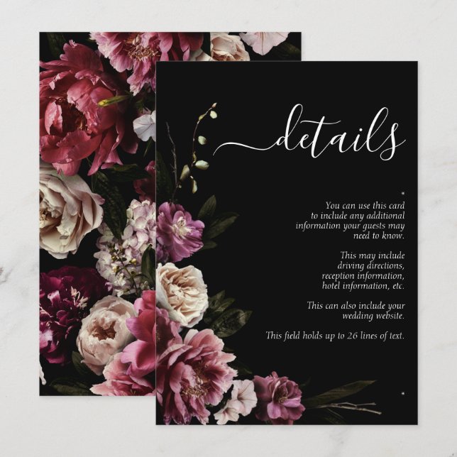 Dark Moody Blush Burgundy Floral Wedding Details Enclosure Card (Front/Back)