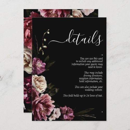 Dark Moody Blush Burgundy Floral Wedding Details Enclosure Card