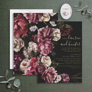 Dark Moody Blush Burgundy Floral Wedding Gold Foil Invitation