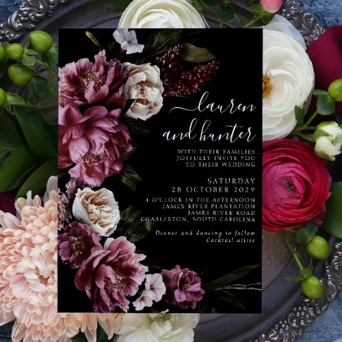 Dark Moody Blush Burgundy Script Floral Wedding In Invitation