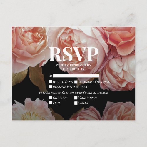 Dark Moody Blush Pink Meal Choices Wedding RSVP Invitation Postcard
