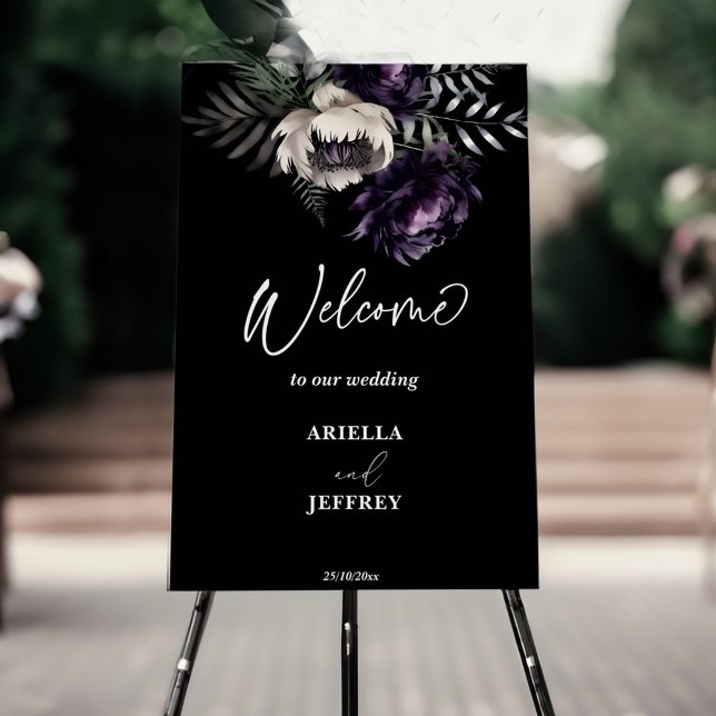 Dark moody boho elegant wedding welcome sign (Dark moody boho elegant wedding welcome sign board black purple peonies noir wedding welcome sign)