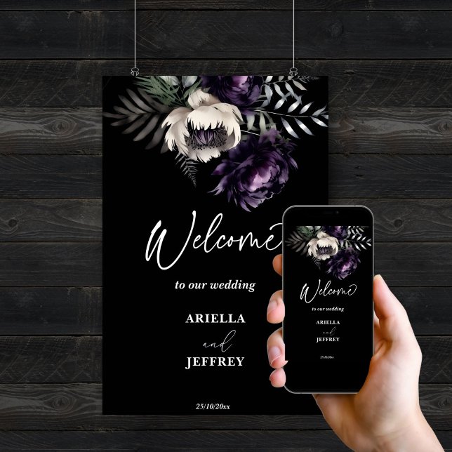 Dark moody boho elegant wedding welcome sign (Dark moody boho elegant wedding editable template welcome sign digital download purple peonies)