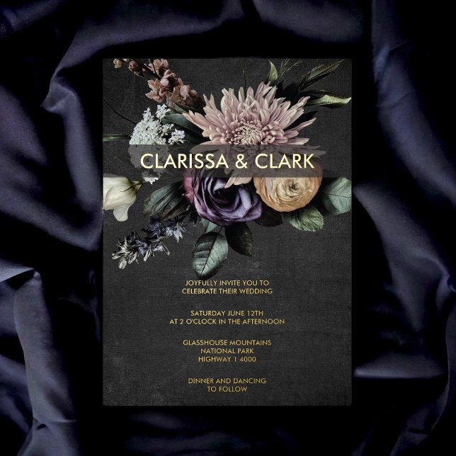 Dark Moody Bold Floral Black Purple Wedding Foil Invitation (Creator Uploaded)