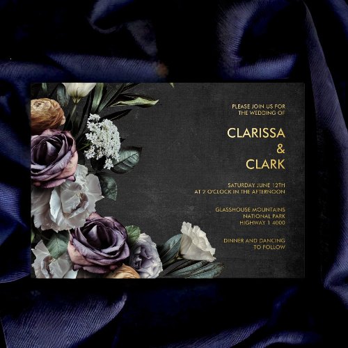 Dark Moody Bold Floral Black  Purple Wedding Foil Invitation
