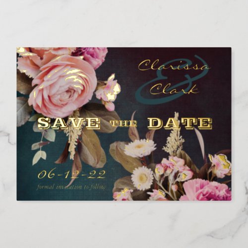 Dark Moody Bold Floral Gold Save The Date Foil Invitation