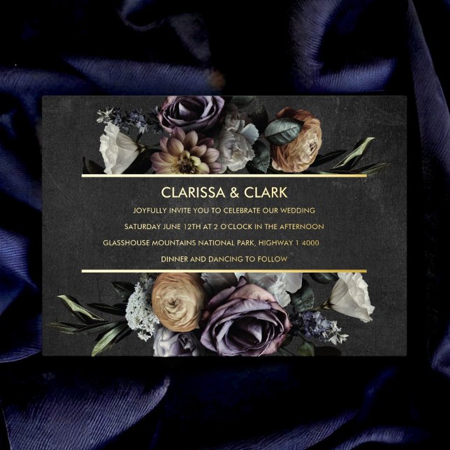 Dark Moody Bold Floral Gold Wedding Foil Invitatio Invitation (Creator Uploaded)