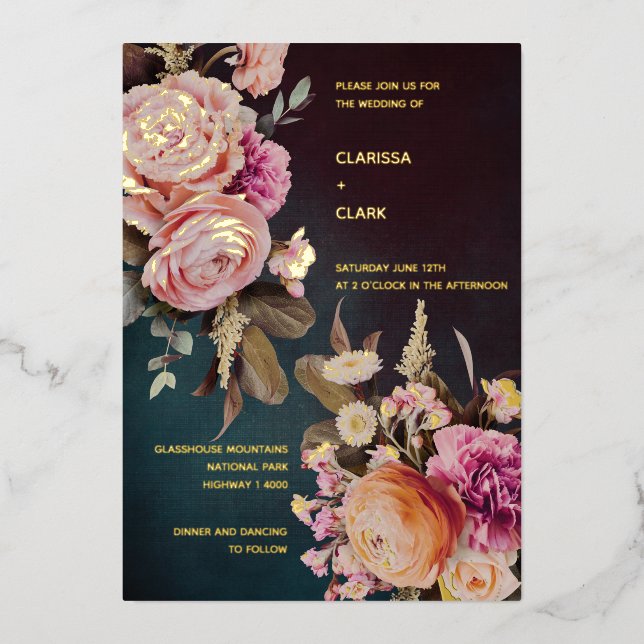 Dark Moody Bold Floral Gold Wedding Foil Invitation (Front)